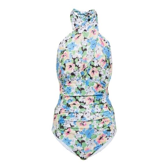 Ganni  Halter One Piece Swimsuit Blue Floral Size 6 New - Picture 9 of 10